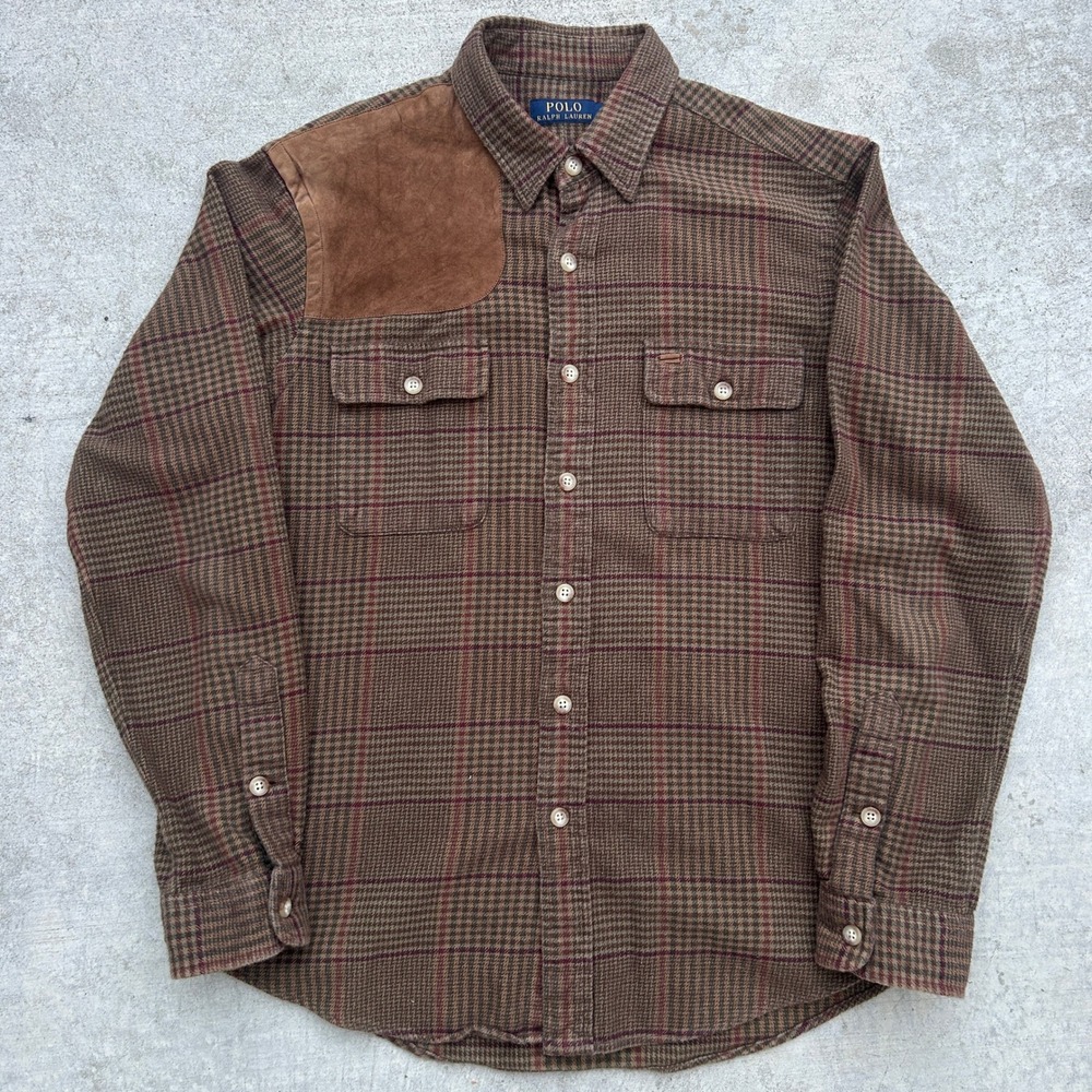 Polo Ralph Lauren Shirt Large Brown Plaid Flannel Suede Shoulder Hunting Vintage